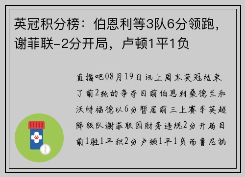 英冠积分榜：伯恩利等3队6分领跑，谢菲联-2分开局，卢顿1平1负