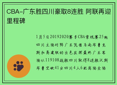 CBA-广东胜四川豪取8连胜 阿联再迎里程碑
